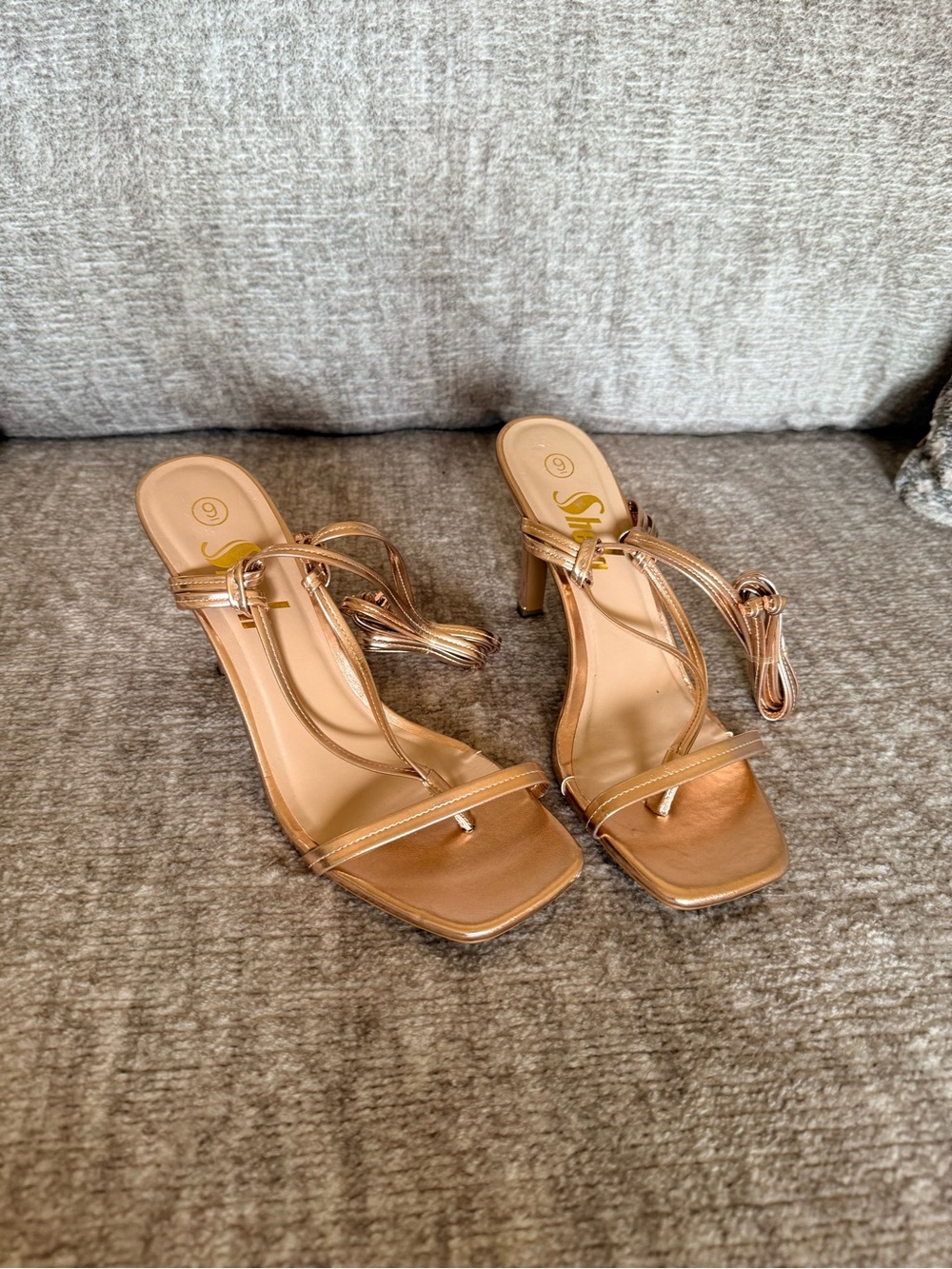 Metallic Rose Gold Strappy Mid-Heel Sandals